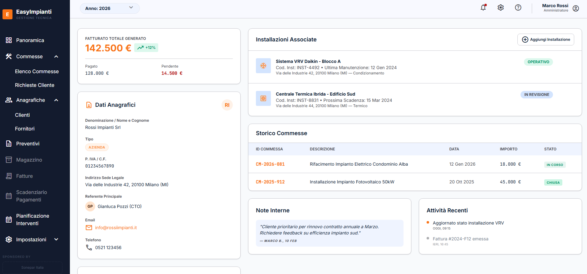 EasyImpianti, scheda cliente con installazioni associate e storico commesse