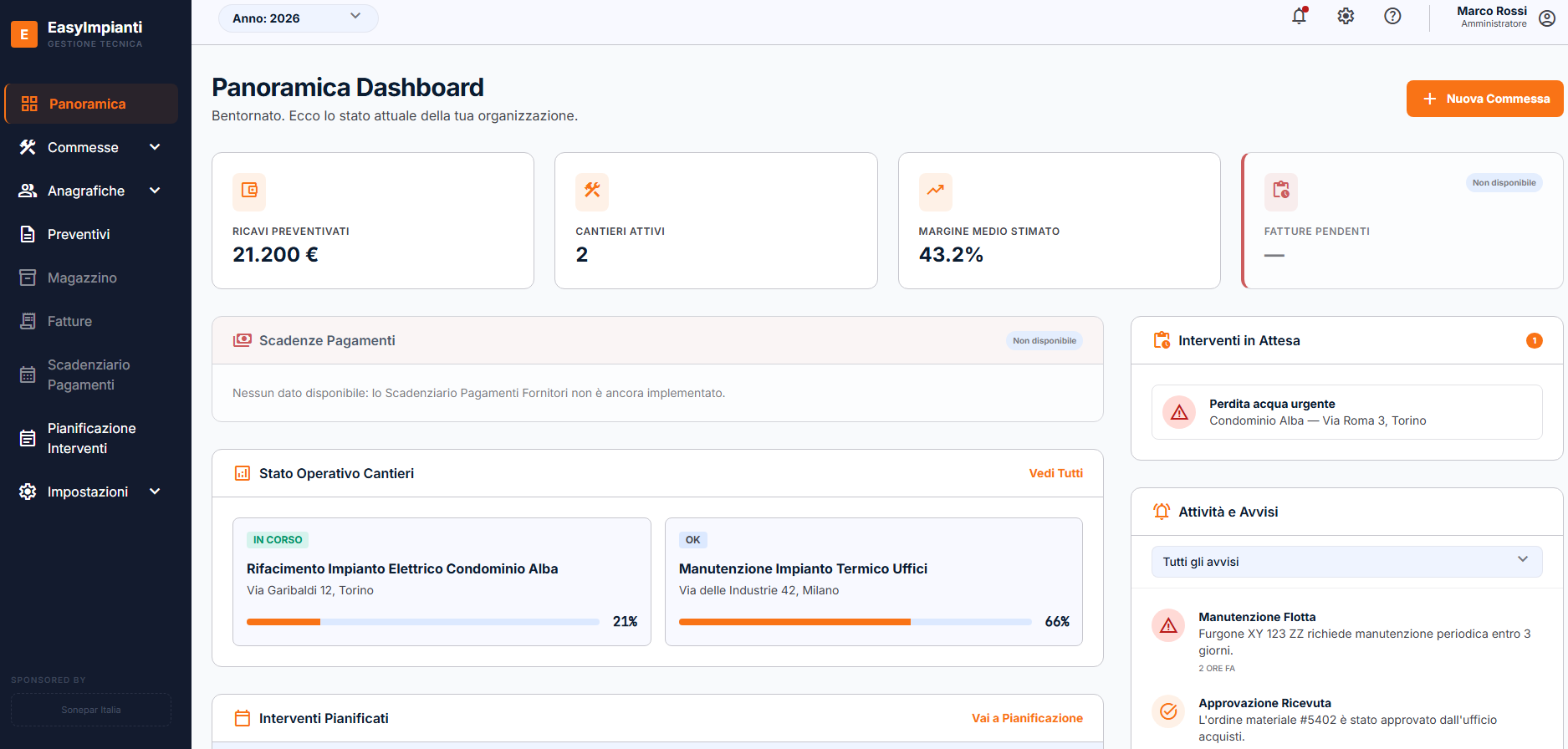 EasyImpianti, dashboard con cantieri attivi e interventi in attesa